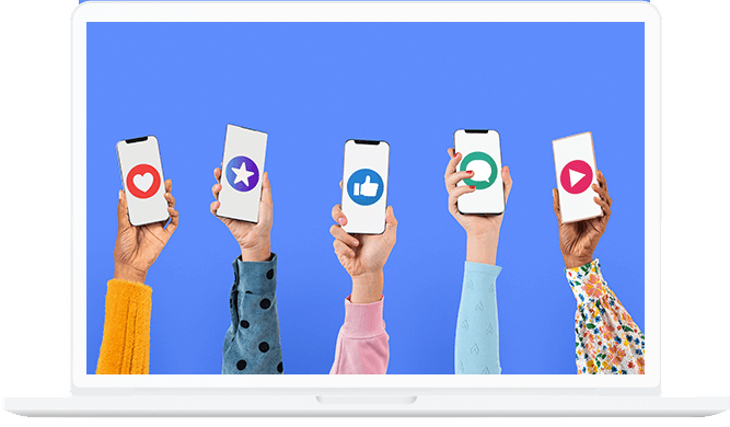 Laptop computer with hands of people holding phones, liking and engaging with social media